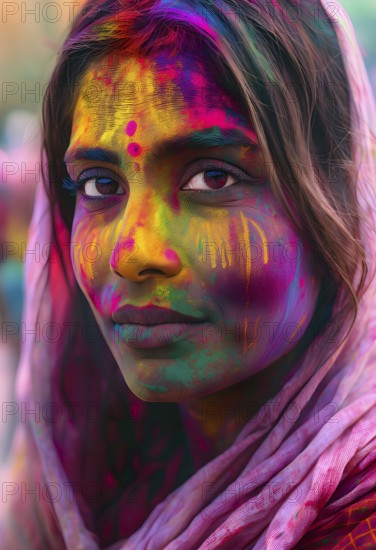 Indian woman colored face portrait during Holi Hindu festival, AI generated