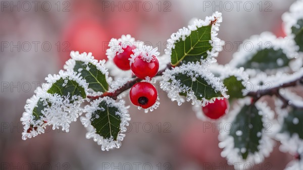 Frosty holly branch with vibrant red berries covered in delicate ice crystals, symbol for upcoming