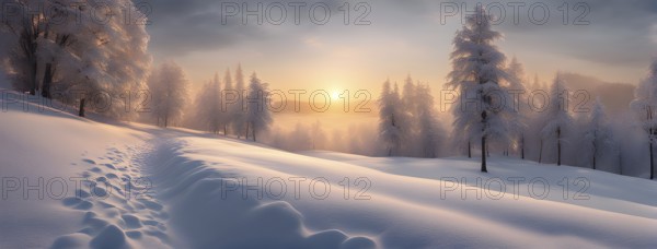 Footprints in fresh snow on a hill with a row of trees in winter in golden sunrise light, AI