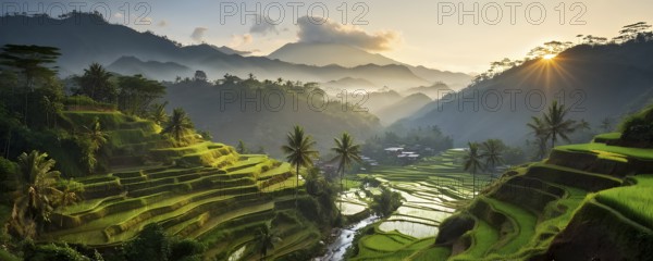 Early morning light bathes Philippines rice terraces cascading down mountain slopes, AI generated