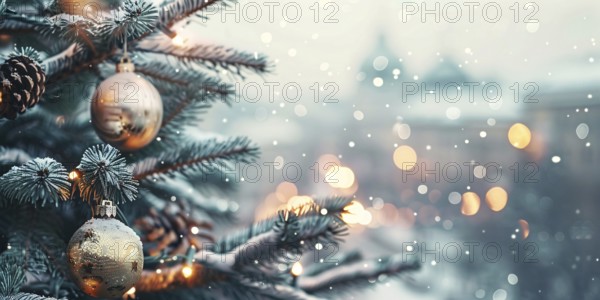 Christmas banner with golden bauble ornaments and blurry city and snow in background, Generative