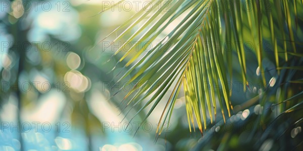 Tropical palm tree leaf with blurry ocean in background. KI generiert, generiert KI generiert,