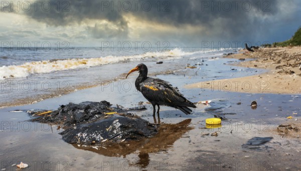 Symbolism, waste problem, environmental pollution, birds with oil-stained feathers, AI-generated,