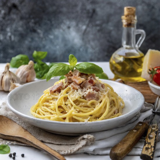 Food, pasta dish, spaghetti carbonara, AI generated, AI generated