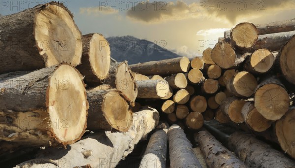Forestry, timber industry, logs stacked in a sawmill, AI generated, AI generated