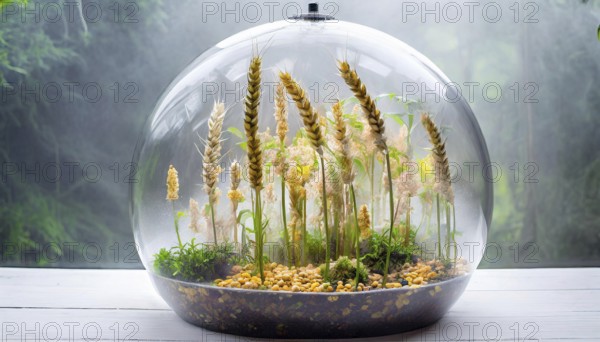A glass container in which different types of grain grow under controlled conditions, wheat,