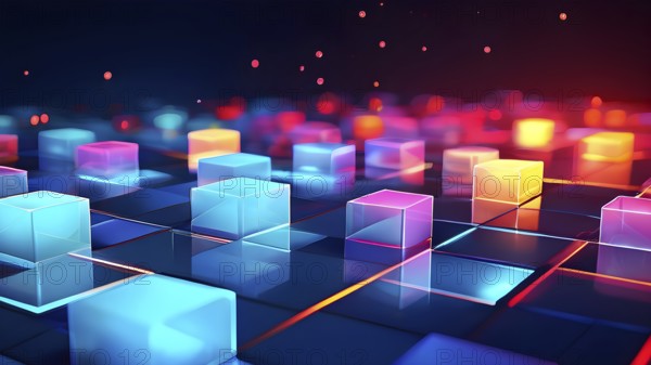 Vibrant colored squares on flat background low poly isometric style, AI generated, animation