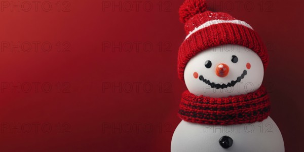 Cute snowman with knitted hat and scarf on red background with copy space. Generative AI, AI