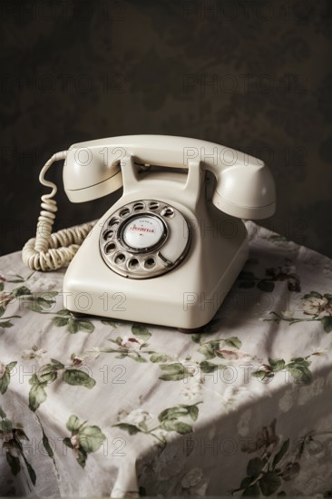 Old rotary phone sitting on a retro floral-patterned tablecloth, AI generated
