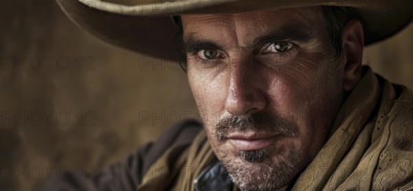 Authentic gaucho portrait. A man with a cowboy hat and beard is looking at the camera, AI generated