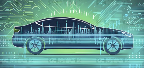 Sport car silhouette with vibrant green dynamic lines showing motion, surrounded by data streams,