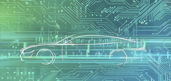 Sport car silhouette with vibrant green dynamic lines showing motion, surrounded by data streams,