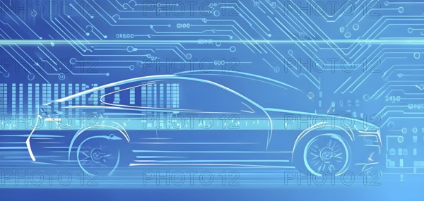 Sport car silhouette with vibrant blue dynamic lines showing motion, surrounded by data streams, AI