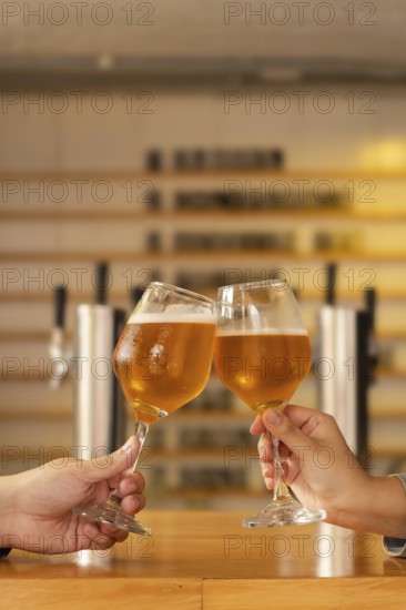 Close-up of a man and a woman's hands clinking glasses of craft beer in a modern cozy bar.