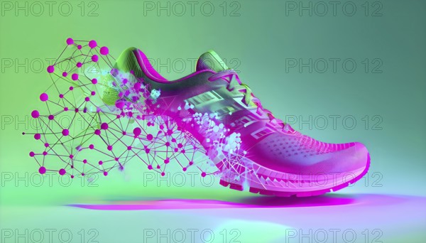 Sporting equipment, like a running shoe, breaking into pixels and data points, morphing into a