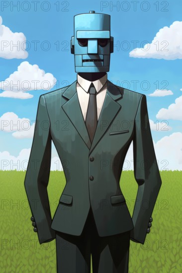 Surrealist representation of a man with an iron mask standing in a meadow, AI generated