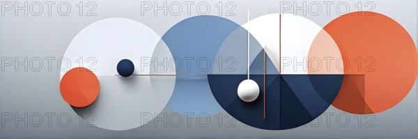 Minimalist composition of overlapping geometric shapes, such as circles, squares, and triangles,