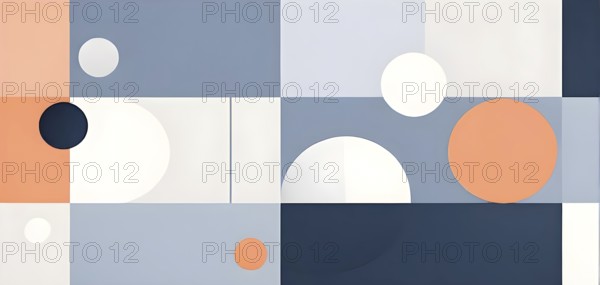 Minimalist composition of overlapping geometric shapes, such as circles, squares, and triangles,