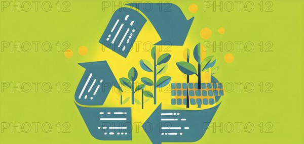 Recycling symbol morphing into growing plants and solar cells to symbolize the transformation of