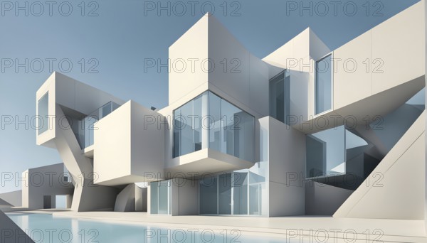 Minimalist architectural composition of modern buildings, with clean angles, rendered in geometric