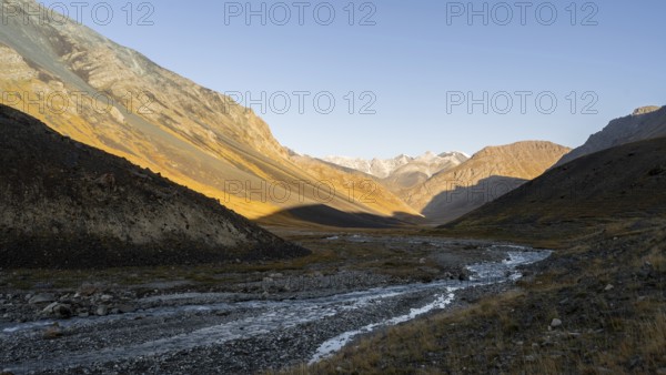 Arabel Pass with river, mountain valley in the morning, barren landscape, Burkhan Valley, Tien