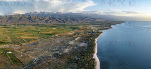 Aerial view, landscape at Lake Issyk Kul, Kyrgyzstan, Asia