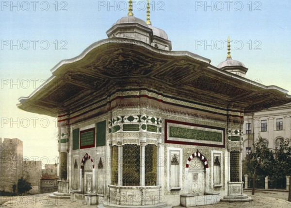 The Sultan Ahmed Fountain in Constantinople, Istanbul, Turkey, View from 1885, Historical,