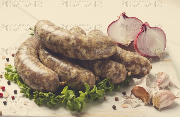 Raw kupaty, traditional Georgian sausages, raw sausages, with spices and herbs, Georgian cuisine