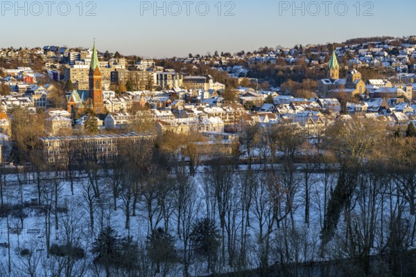 View over the Werden district of Essen, in front the Brehminsel, The Protestant Church in
