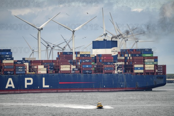 Entrance to the seaport of Rotterdam, APL Raffles container freighter, entering Maasvlakte 2, wind