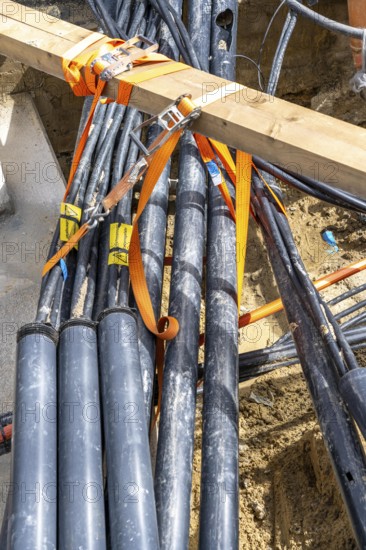 Supply lines, laid underground, exposed during a construction project, Bochum, North