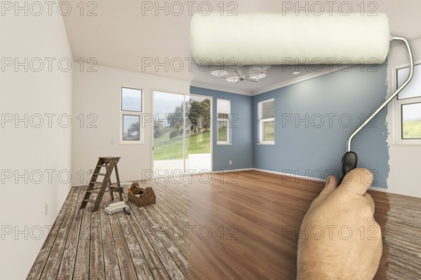 Before and after of man using A paint roller to reveal newly remodeled room with fresh green paint,