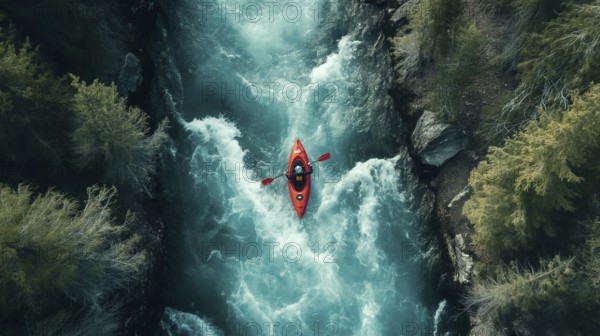 Aerial view of A kayaker paddling the rapids of a beautiful mountain river. generative AI, AI
