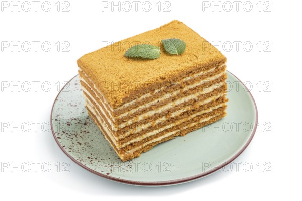 Homemade honey cake with milk cream and mint isolated on white background. Side view, close up