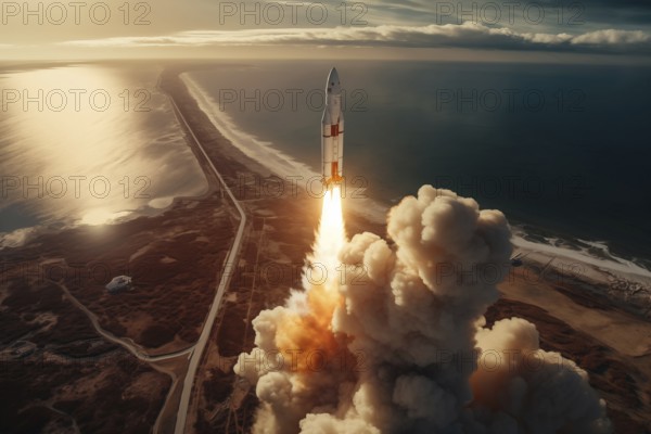 Aerial view of a rocket launch at sunrise sunset over an ocean coast. The rocket is blasting off