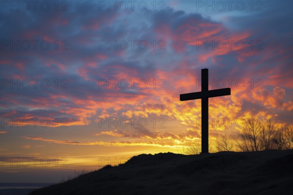 Easter concept cross on Golgotha Calvary hill against a dramatic sunset, AI generated