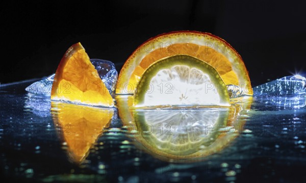 Transparent slices of fresh oranges and lemons on the glass with ice