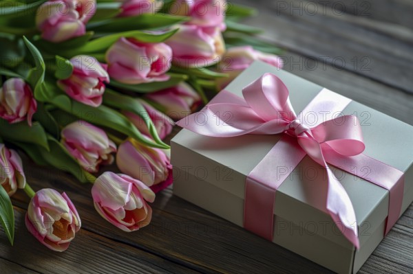 Gift Box with Pink Ribbon Beside bouquet of Fresh Tulips. Background for Valentine day, March 8,