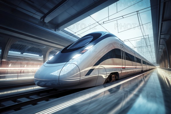 Modern high speed train in a futuristic train station. Modern transportation technology, speed,