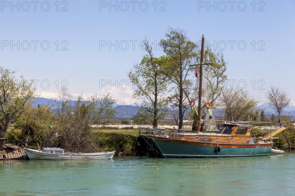 Boats anchored on the shores of Manavgat, Turkey, Asia