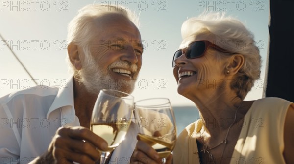 Senior caucasian couple enjoying drinks on the deck of their yacht in the ocean, generatvie AI, AI