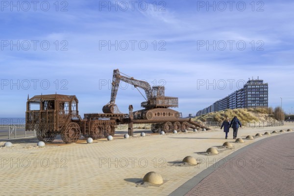 Caterpillar + Flatbed Trailer, artwork by Belgian neo-conceptual artist Wim Delvoye at seaside