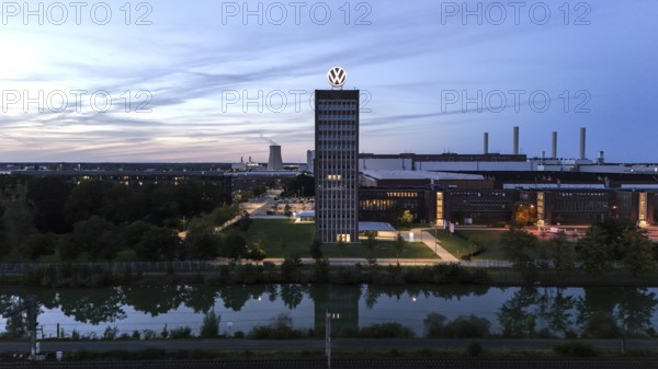 VW logo on the brand tower at the Group headquarters in Wolfsburg, 29/09/2024. The Volkswagen Group