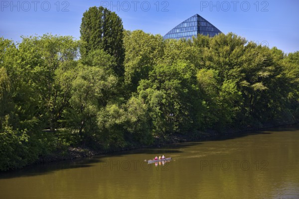 The river Main with a sports boat and the tip of the Main Triangle in Frankfurt-Sachsenhausen,