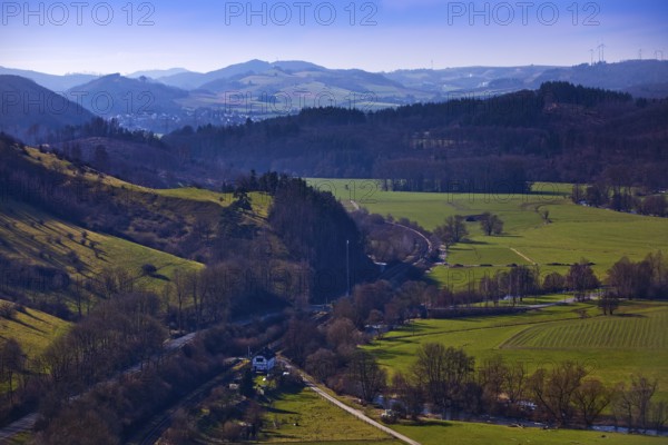 View from the Calvary into the Lower Diemel Valley, Marsberg, Sauerland, North Rhine-Westphalia,