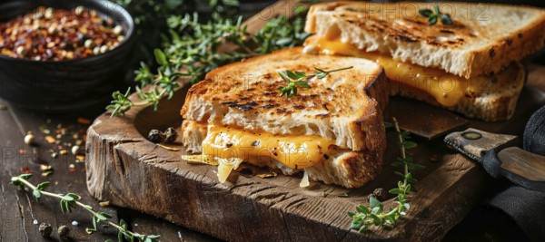 Breakfast with fresh grilled cheese vegetarian sandwich with melted cheddar cheese and vegetables,