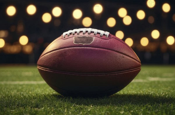 A football is on the field with lights in the background, AI generated