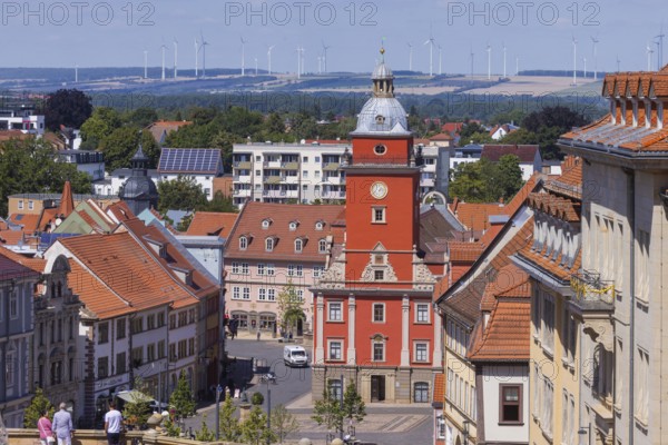 Water art and town hall tower, Gotha, Thuringia, Germany, Europe