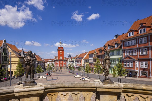 Water art and town hall tower, Gotha, Thuringia, Germany, Europe
