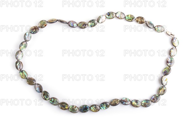 Colored nacre beads isolated on white background. top view, close up. mother-of-pearl